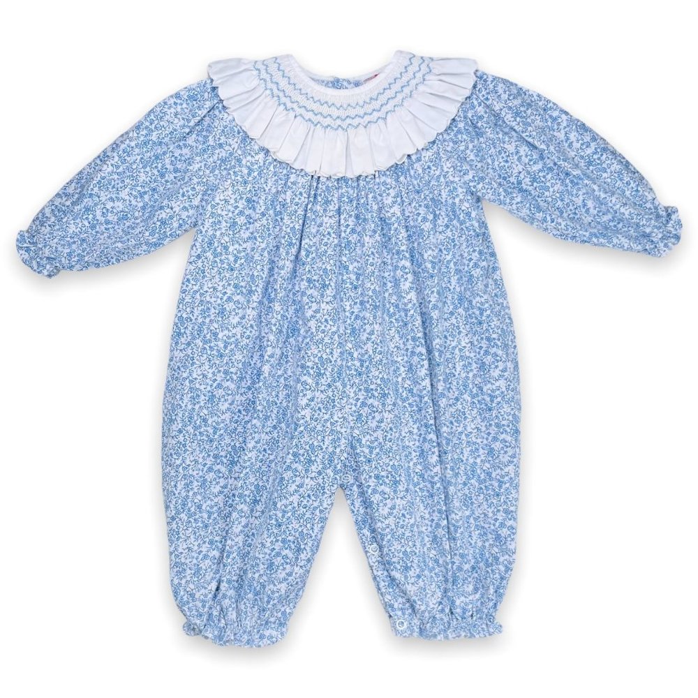 Vintage Blue Floral Ruffle Collar Smocked Long Sleeve Bubble Romper Outfit 18m +